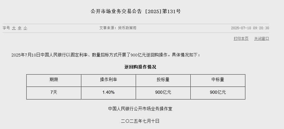 央行今日开展900亿元逆回购操作