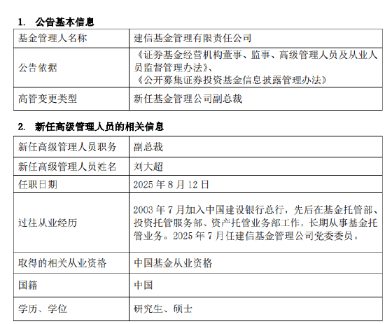 建信基金高层再调整：托管老将刘大超升任副总经理
