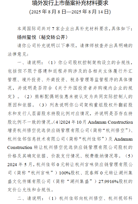 扬州玺悦收到证监会境外上市备案反馈 需说明熊彬配偶